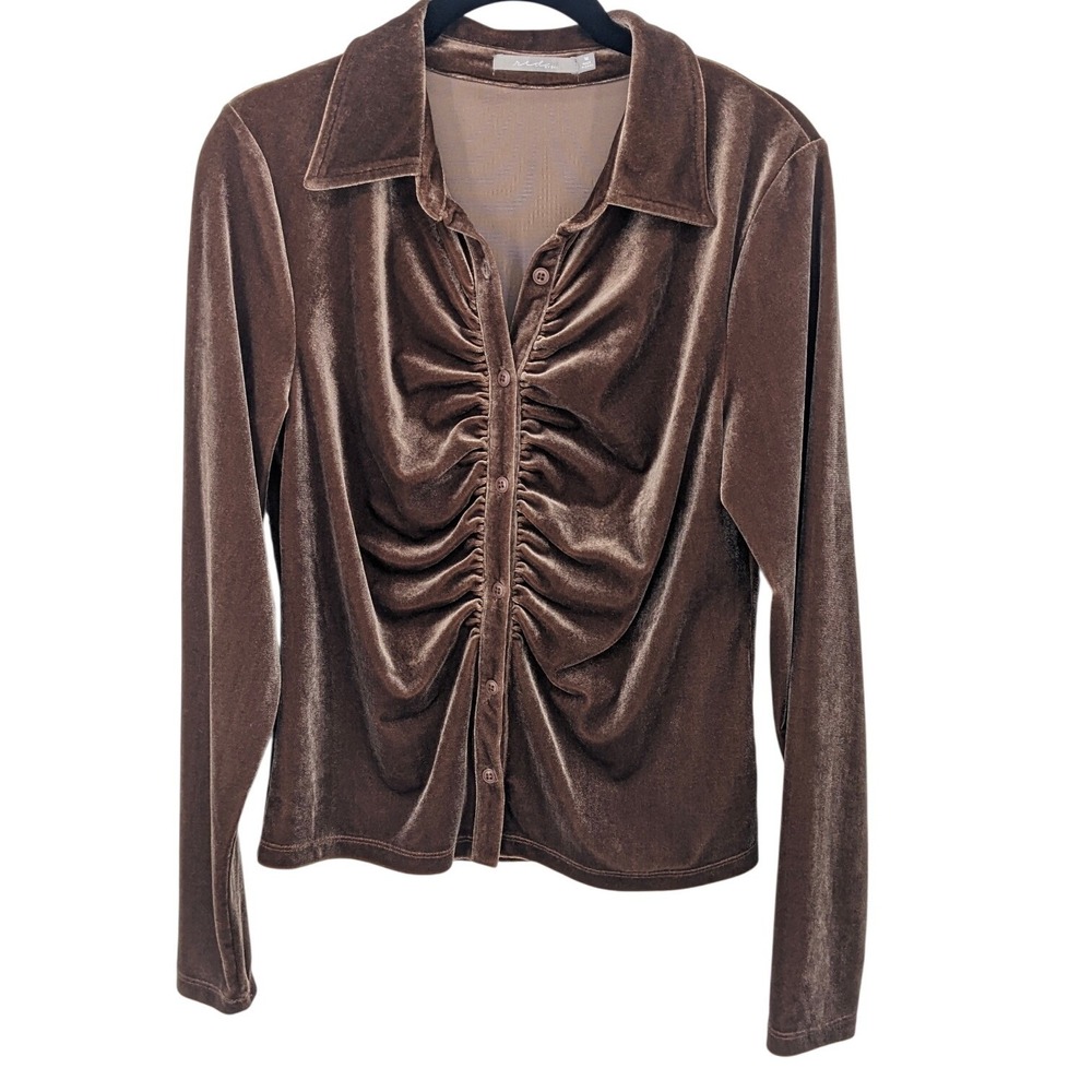 Y2K Velvet Ruched Top Womens Medium Brown Long Sleeve Shirt 90s Goblin Red‎ BKE